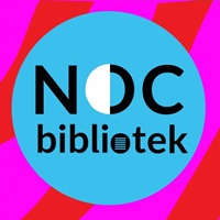 napis noc bibliotek na niebieskim kółku